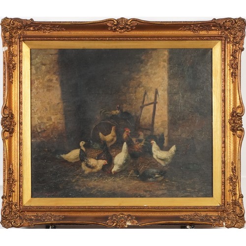 154 - Noel Raymond - Poultry in a barn, oil, framed and glazed, 44cm x 36cm excluding the mount and frame