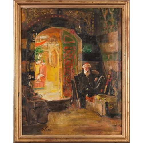 235 - Elder in an interior, Islamic school oil on canvas, framed 50cm x 39cm excluding the frame