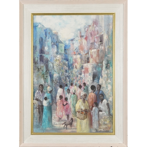 155 - Janet Stokes - Street scene, oil, frame, 55cm x 37cm excluding the frame