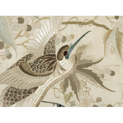 461A - Oriental silkwork picture of an exotic bird, insects, flowers and berries housed in a mahogany frame... 