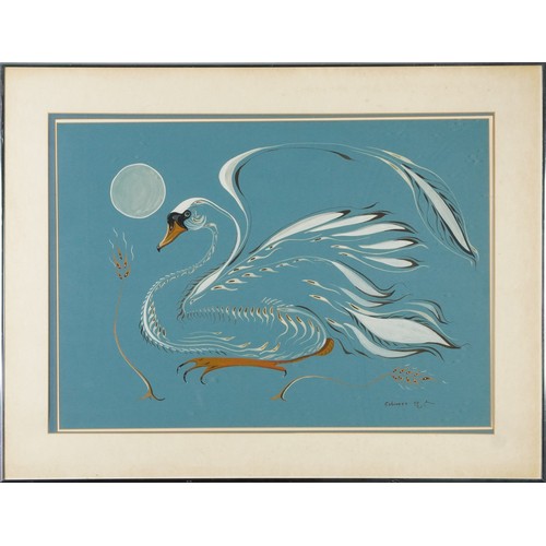 384 - Eddy Cobiness 1978 - Swan before moonlight, watercolour, mounted, framed , 70cm x 50cm excluding the... 