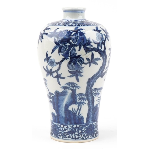 462 - Chinese blue and white porcelain Meiping vase hand painted with birds amongst fruiting trees, four f... 