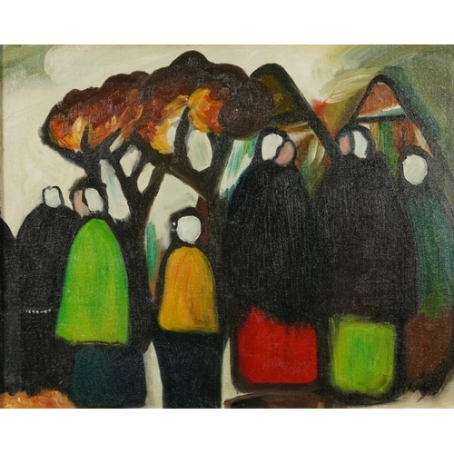 507 - Manner of Markey Robinson - Figures standing about, Irish school oil on board, mounted and framed, 4... 