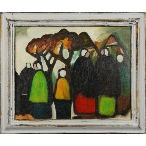 507 - Manner of Markey Robinson - Figures standing about, Irish school oil on board, mounted and framed, 4... 