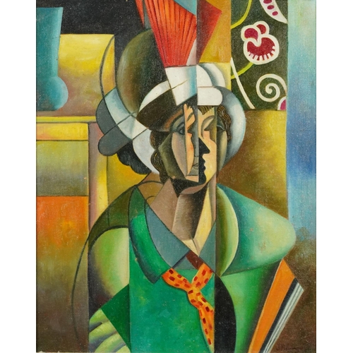 285 - Manner of Jean Metzinger - Portrait of a female, French Cubist school oil on board, mounted and fram... 