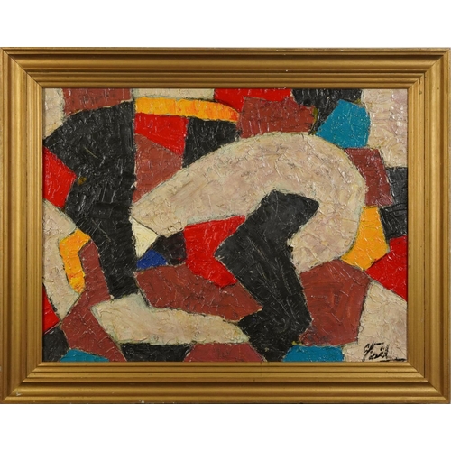 1755 - Abstract composition, colourful shapes, French school oil on canvas, framed, 79cm x 50cm excluding t... 