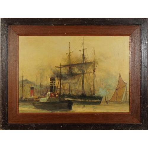 1753 - Manner of Frank Henry Mason - Boats on water, English school oil on canvas board, mounted and framed... 