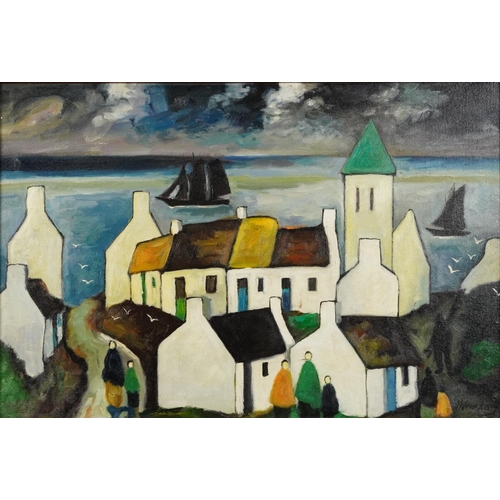 78 - Manner of Markey Robinson - Figures beside cottages before water, Irish school oil on board, framed,... 