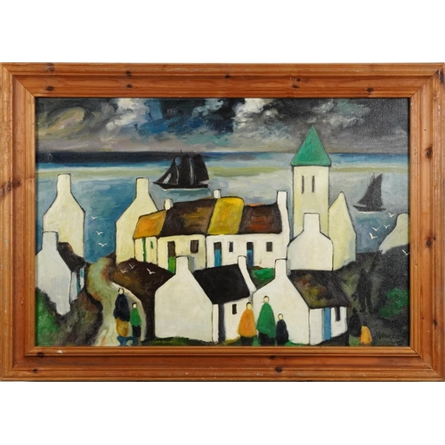 78 - Manner of Markey Robinson - Figures beside cottages before water, Irish school oil on board, framed,... 