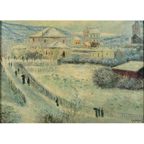 111 - After Guy Wiggins - Winter landscape, American Impressionist school oil on board, mounted and framed... 