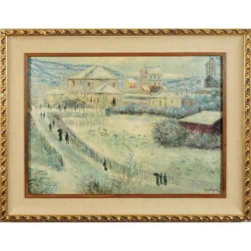 111 - After Guy Wiggins - Winter landscape, American Impressionist school oil on board, mounted and framed... 