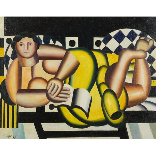 472 - Manner of Fernand Leger - Surreal nude figure, French Impressionist oil on canvas board, mounted and... 