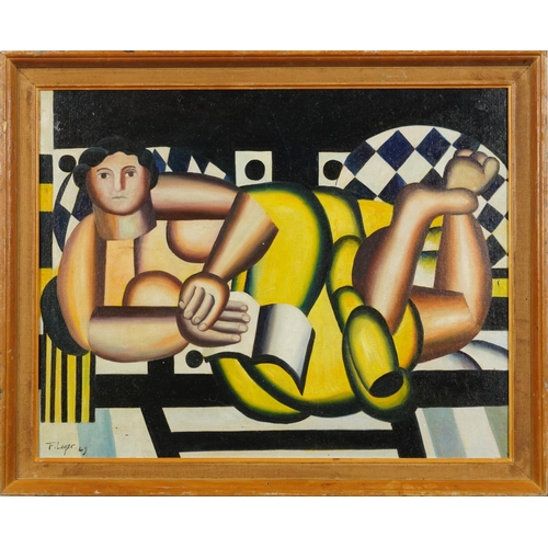 472 - Manner of Fernand Leger - Surreal nude figure, French Impressionist oil on canvas board, mounted and... 