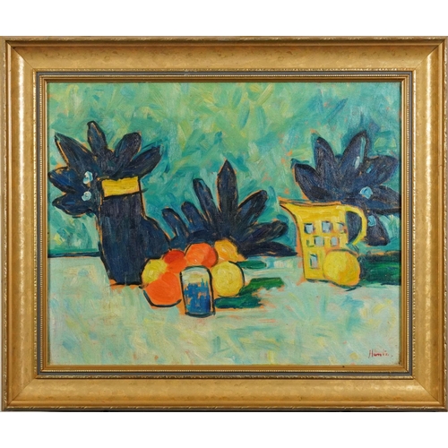 363 - After George Leslie Hunter - Still life fruit and vessels, Scottish Colourist school oil on board, m... 