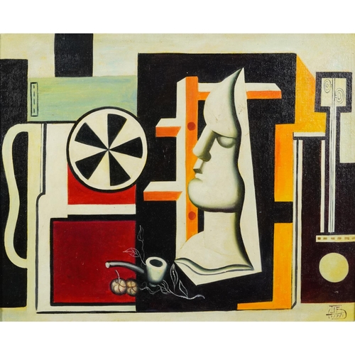 395 - Manner of Fernand Leger - Surreal composition with face, French Impressionist oil on board, framed, ... 