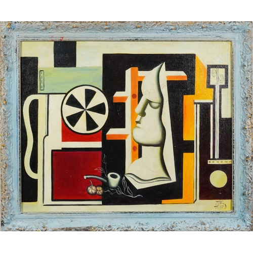 395 - Manner of Fernand Leger - Surreal composition with face, French Impressionist oil on board, framed, ... 