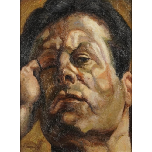 1345 - After Lucian Freud - Self portrait, oil on board, framed, 39cm x 28.5cm excluding the frame