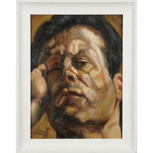 1345 - After Lucian Freud - Self portrait, oil on board, framed, 39cm x 28.5cm excluding the frame