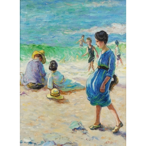 1511 - Figures on a beach, Impressionist oil on board, framed, 39cm x 29cm excluding the frame