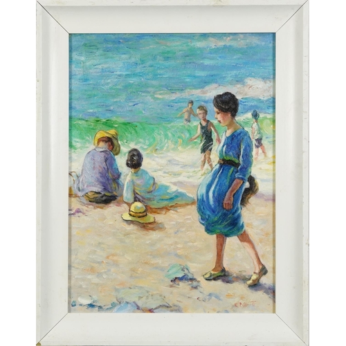 1511 - Figures on a beach, Impressionist oil on board, framed, 39cm x 29cm excluding the frame