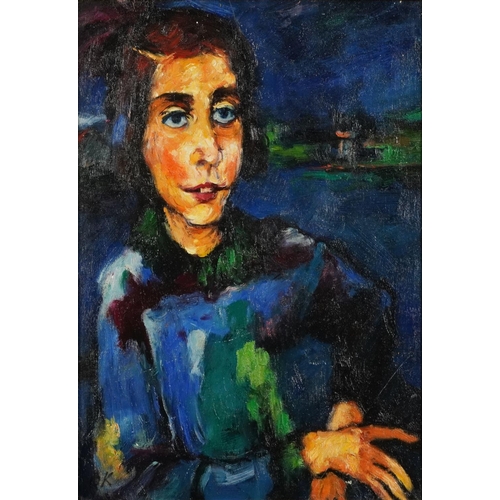 1561 - Top half portrait of a female, Expressionist oil on board, framed, 41.5cm x 30.5cm excluding the fra... 