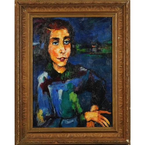 1561 - Top half portrait of a female, Expressionist oil on board, framed, 41.5cm x 30.5cm excluding the fra... 