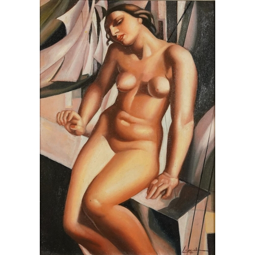 1750 - Manner of Tamara de Lempicka - Portrait of a nude Art Deco female, Polish school oil on board, mount... 