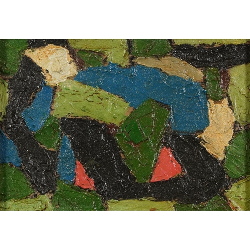 1407 - Abstract composition, green, blue, red and black shapes, impasto oil on board, framed, 25.5cm x 18cm... 