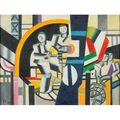 76 - Manner of Fernand Leger - Abstract composition, four figures, French Impressionist oil on board, mou... 