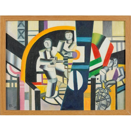 76 - Manner of Fernand Leger - Abstract composition, four figures, French Impressionist oil on board, mou... 