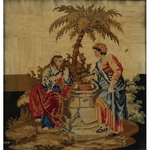 303 - Biblical scene with chirst, 18th/19th century tapestry, framed and glazed, 30.5cm x 29cm excluding t... 