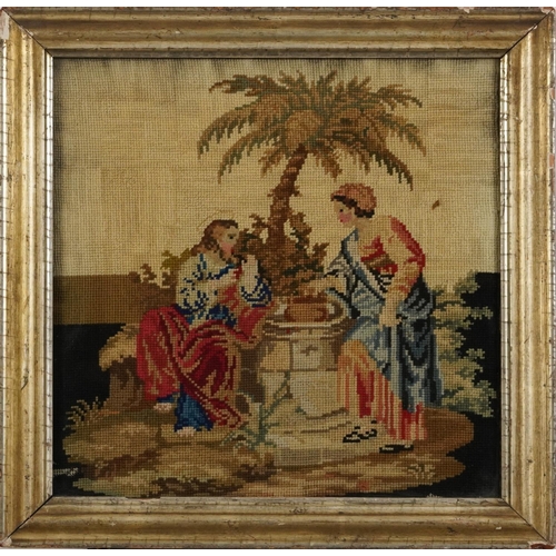 303 - Biblical scene with chirst, 18th/19th century tapestry, framed and glazed, 30.5cm x 29cm excluding t... 