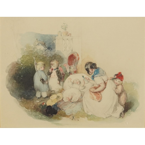 25 - Fender 1841 - Mother with children in an interior, mid 19th century English school pencil and waterc... 