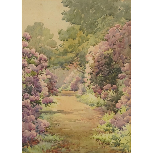 428 - Path through floral gardens, early 20th century watercolour, mounted, framed and glazed, 35.5cm x 25... 