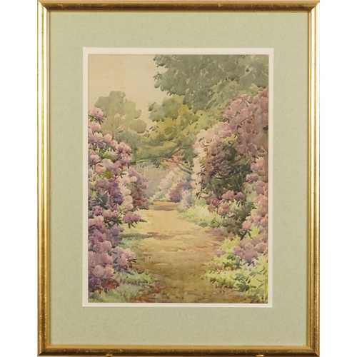 428 - Path through floral gardens, early 20th century watercolour, mounted, framed and glazed, 35.5cm x 25... 