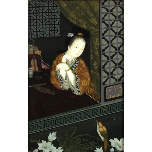 158 - Young scholar at a window, Chinese reverse glass painting housed in a hardwood frame, 50.5cm x 32cm ... 