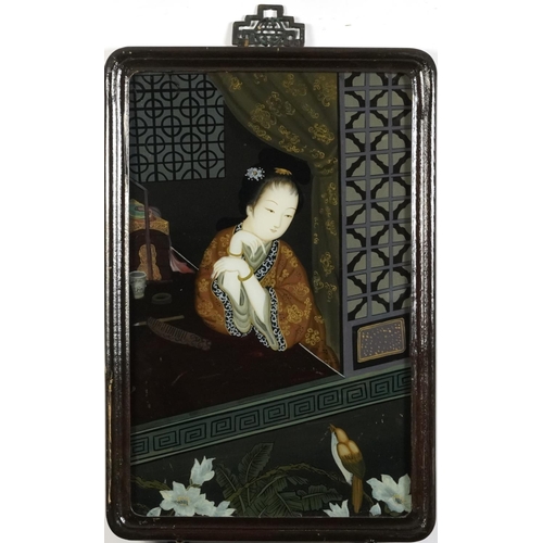 158 - Young scholar at a window, Chinese reverse glass painting housed in a hardwood frame, 50.5cm x 32cm ... 