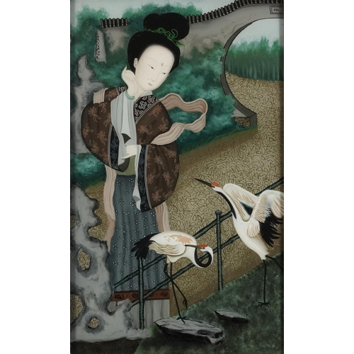 157 - Young female with two cranes, Chinese reverse glass painting housed in a hardwood frame, 50.5cm x 32... 