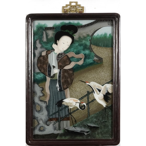 157 - Young female with two cranes, Chinese reverse glass painting housed in a hardwood frame, 50.5cm x 32... 