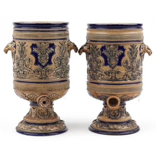 379 - Royal Doulton, pair of Victorian salt glazed stoneware barrels with animalia handles decorated in lo... 