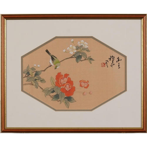 319 - Birds amongst chrysanthemums, pair of Chinese watercolours onto silk with calligraphy and red seal m... 