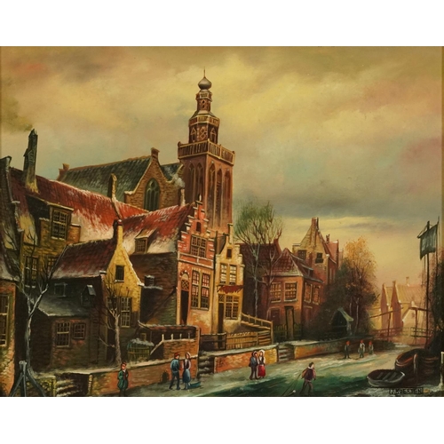 537 - J Coerten - Winter street scene, Old Master style oil on wood panel, mounted and framed, 29cm x 23cm... 