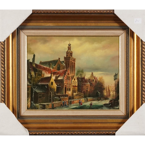 537 - J Coerten - Winter street scene, Old Master style oil on wood panel, mounted and framed, 29cm x 23cm... 