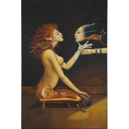 1386 - Nude mythical female, Surreal school oil on canvas, unframed, 91.5cm x 61cm