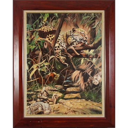 1388 - Jay A Ray - Leopard resting in a tree, oil on canvas board, mounted and framed, 78.5cm x 58.5cm excl... 