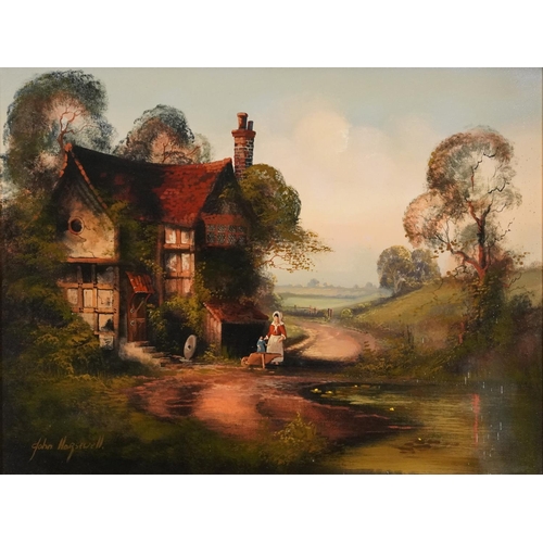 1343 - John Horsewell - Mother and child beside a cottage in a landscape, 19th century style oil on canvas,... 