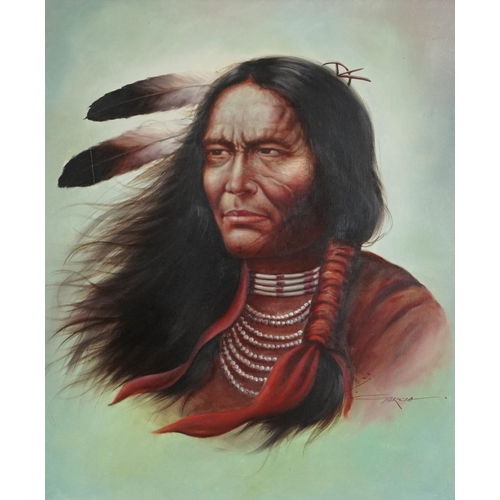 1046 - Garcia - Head and shoulders portrait of a Native American, oil on canvas, inscribed Crazy Horse vers... 