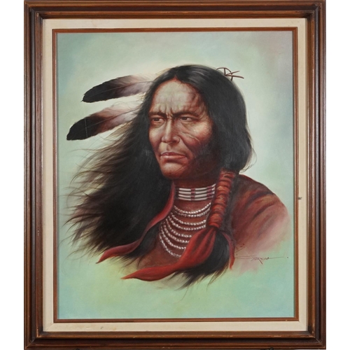 1046 - Garcia - Head and shoulders portrait of a Native American, oil on canvas, inscribed Crazy Horse vers... 