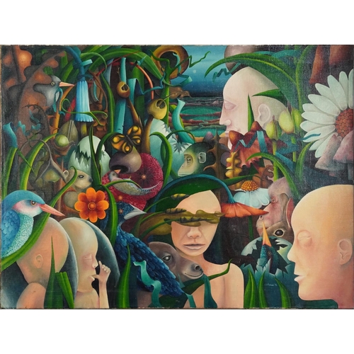 1347 - C R Howe - Surreal composition with animals and faces, 1970s Surreal school oil on canvas, unframed,... 