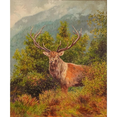 1324 - J Hamilton-George - Stag in a landscape, oil on canvas, mounted and framed, 60cm x 49.5cm excluding ... 